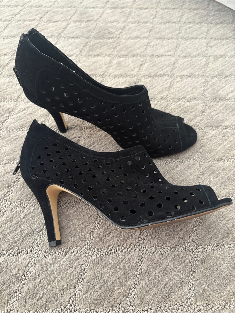 Vaneli Black Perforated Suede Peep-Toe Booties with Back Zip